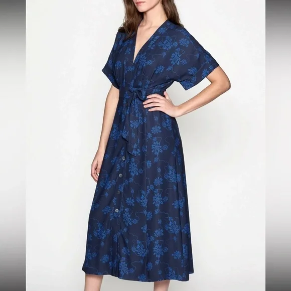 EQUIPMENT Blue Floral Print Wrap Tie Kimono Midi Button Up Dress v neck size 6 - Picture 2 of 9